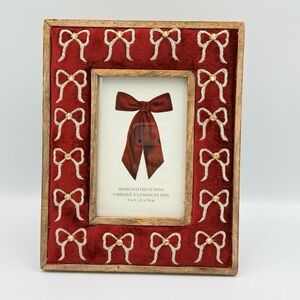 Handcrafted Red Velvet Beaded Bow Picture Frame Wood Coquette Romantic Decor 4x6
